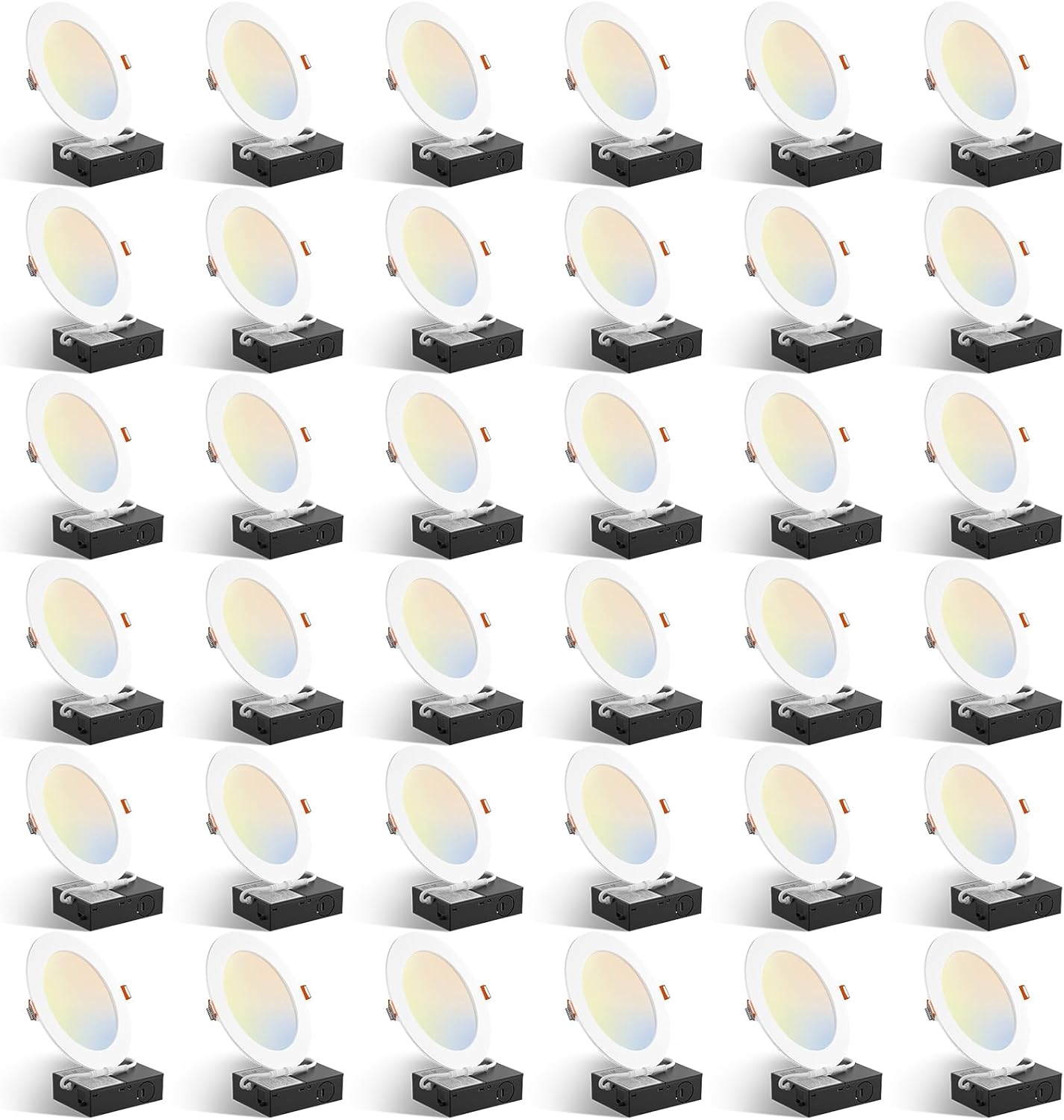 Amico 36 Pack 6 Inch 5CCT Ultra-Thin LED Recessed Ceiling Light with Plastic Junction Box, 2700K/3000K/3500K/4000K/5000K Selectable,1050LM, Dimmable Canless Wafer Downlight, 12W, ETL&FCC