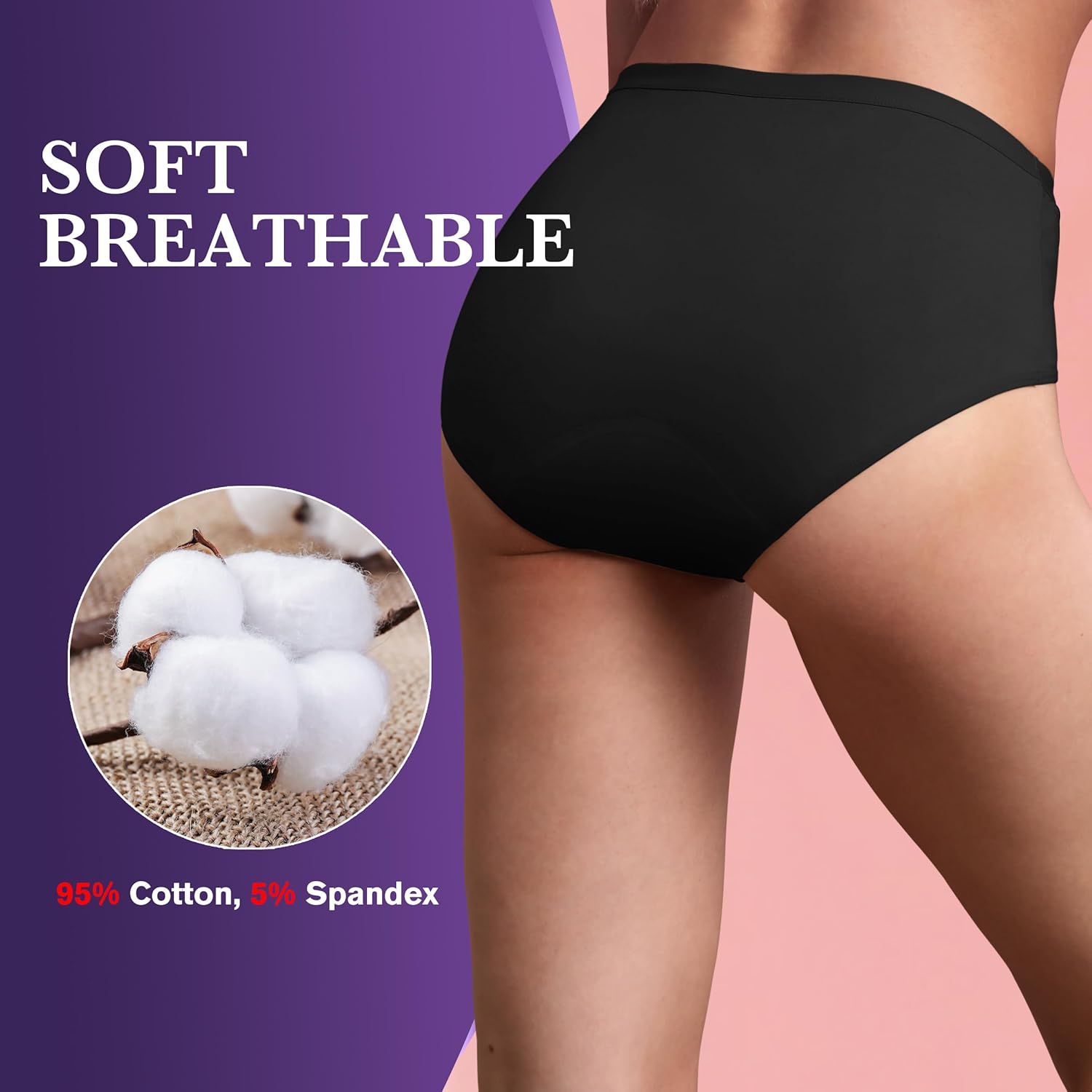 Leak Proof Incontinence Underwear for Women Washable Absorbent Mid Waist Panties Postpartum Bladder Control 1 Pack (Black, XL) - Image 4