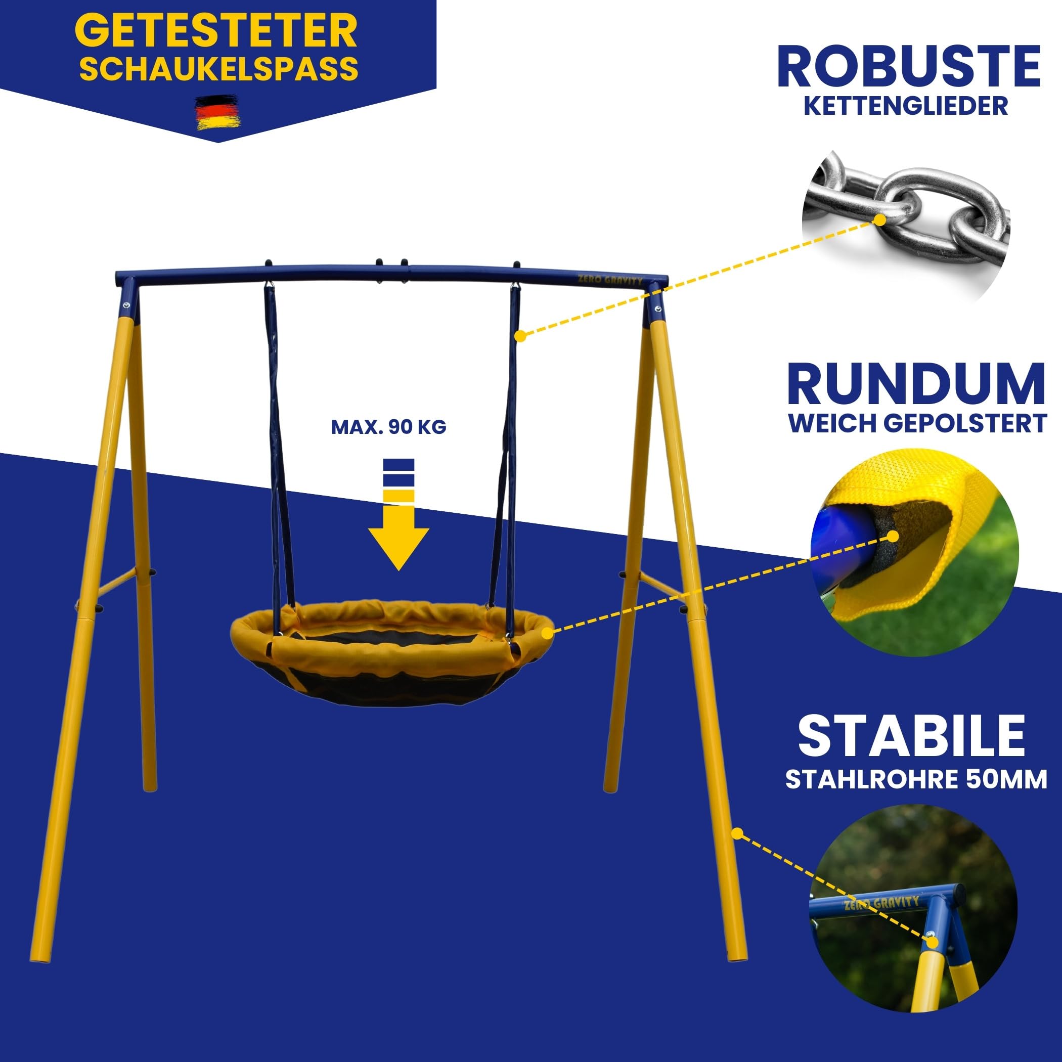 Zero Gravity Gartenschaukel mit stabilem & rostfreiem Metallrahmen. Gartenspaß für bis zu 2 Kinder - Schaukelketten für mehr Sicherheit - Reißfester Stoff - Schaukel Outdoor (UFO)