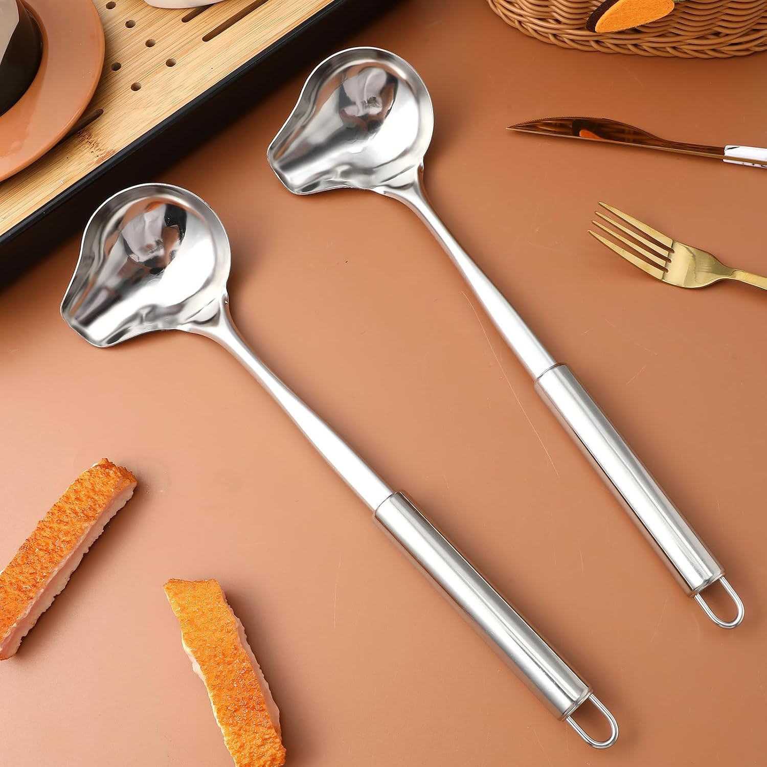 Generic Sauce Ladle Small Long Handle Soup Spoons with Pouring Spout Stainless Steel 2pcs and Comfortable Handle for Hanging Storage, for Kitchen Serving and Gravy