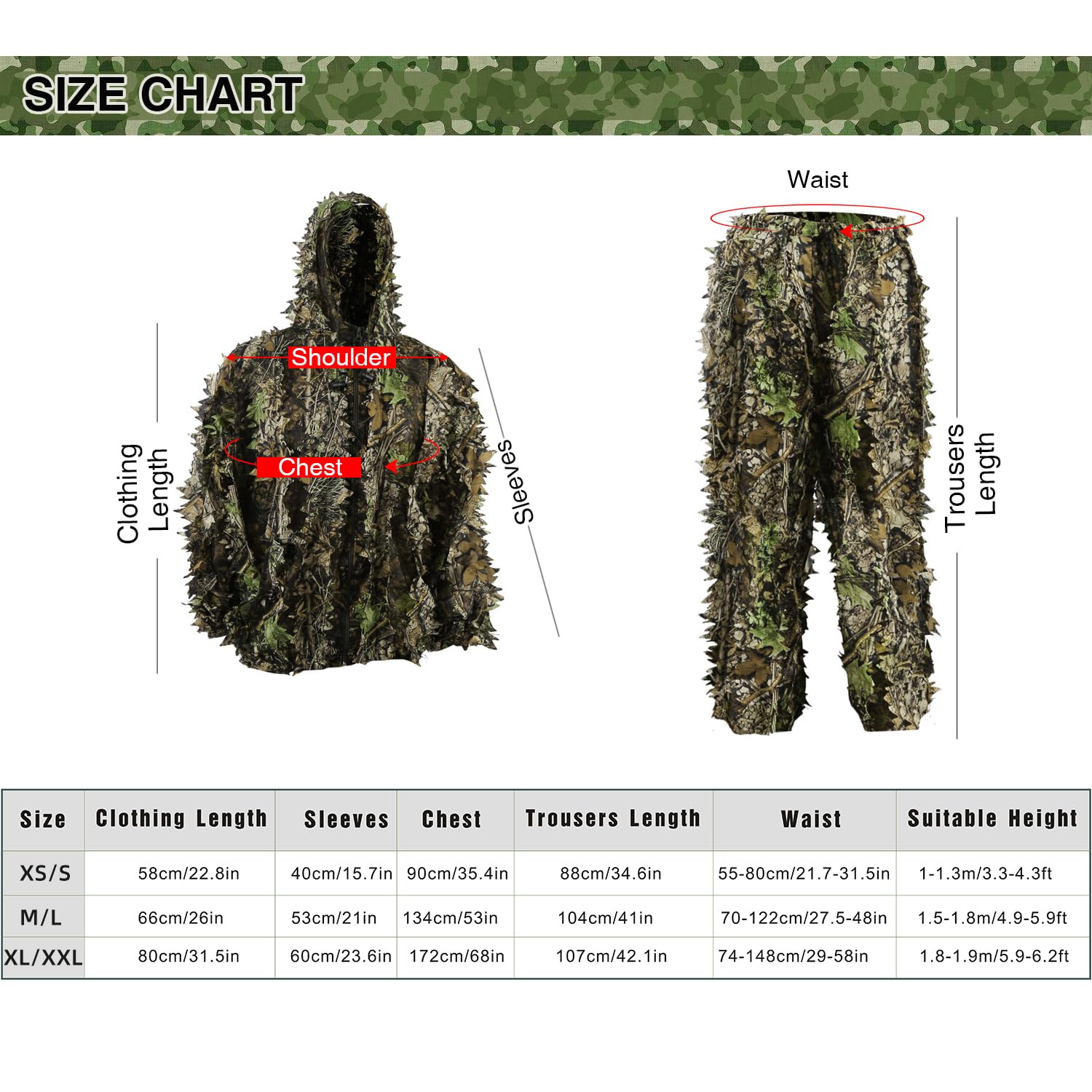 PELLOR Tuta Mimetica Ghillie 3D, Tuta Mimetica Jungle Ghillie Suit Boschiva Abbigliamento con Cappucci e Mimetici Guanti per Camouflage Caccia Campeggio Nascosto