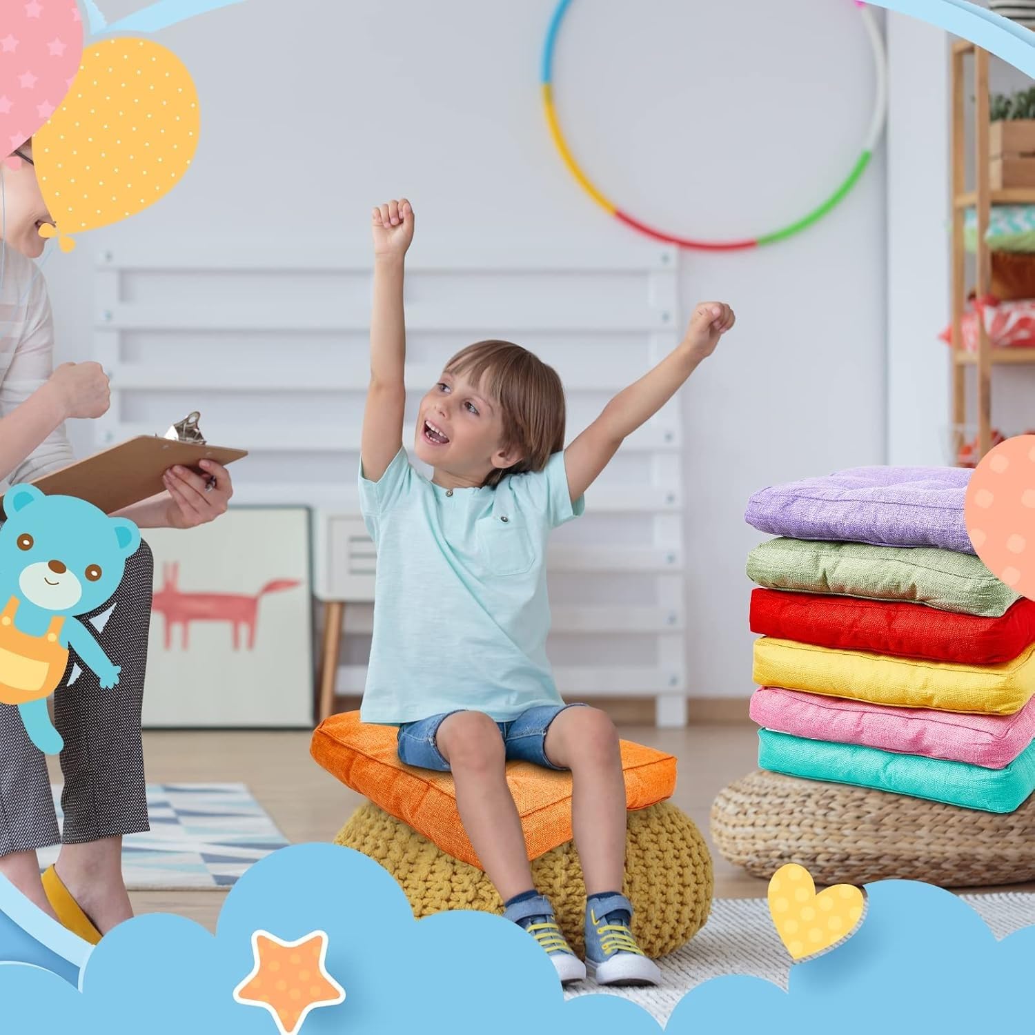 8 Stück 40*40 cm Kissen für Kinder Bodenkissen Flexible Sitzkissen 3,5'' dick Flexible Sitzmöbel für Klassenzimmer Meditationssitzkissen für zu Hause Kinderzimmer Yoga-Dekoration(Rainbow Color)