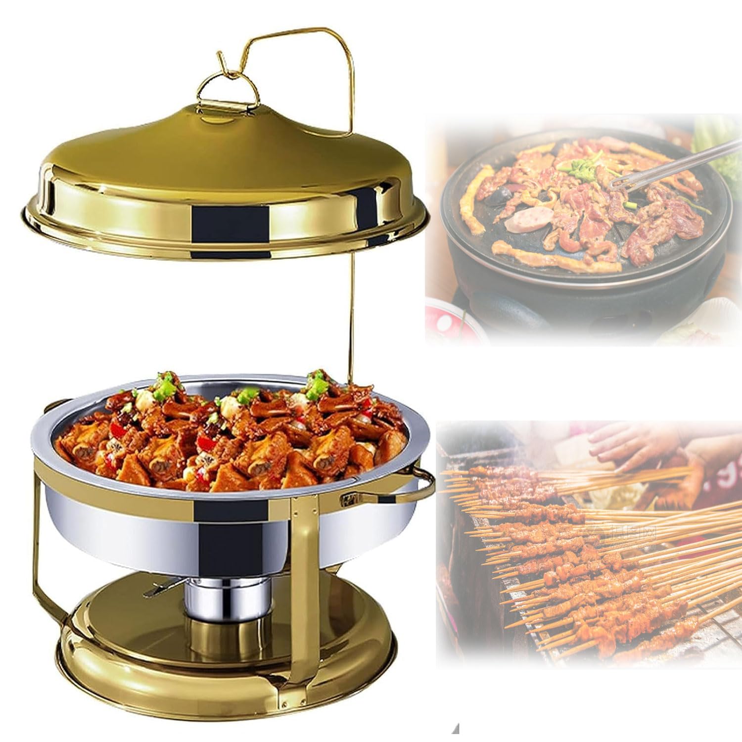 Juego de platos para bufé, recipiente de calentamiento de acero inoxidable con tapa, incluye bandeja para alimentos, bandeja de agua y estufa de combustible para catering y eventos