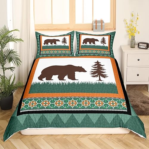 Miniatura 2 de jejeloiu Juego de funda de edredón de oso con estampado floral vintage para niños y niñas, diseño de cuadros de búfalo con temática de granja, juego