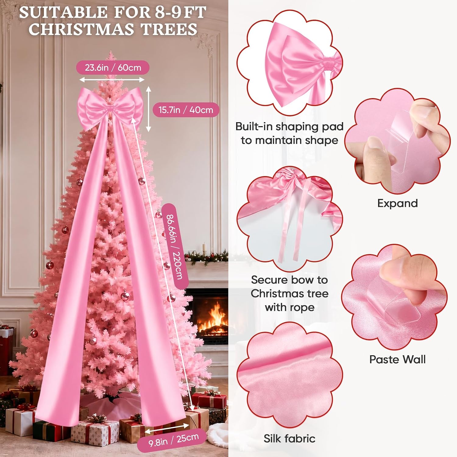 Extra Large Pink Bow Decorations 24 x 87 Inch Giant Double-Layer Pink Bows with Rope and Double-Sided Tape for Wedding Baby Shower Birthday Valentine's Day Bachelorette Decoration