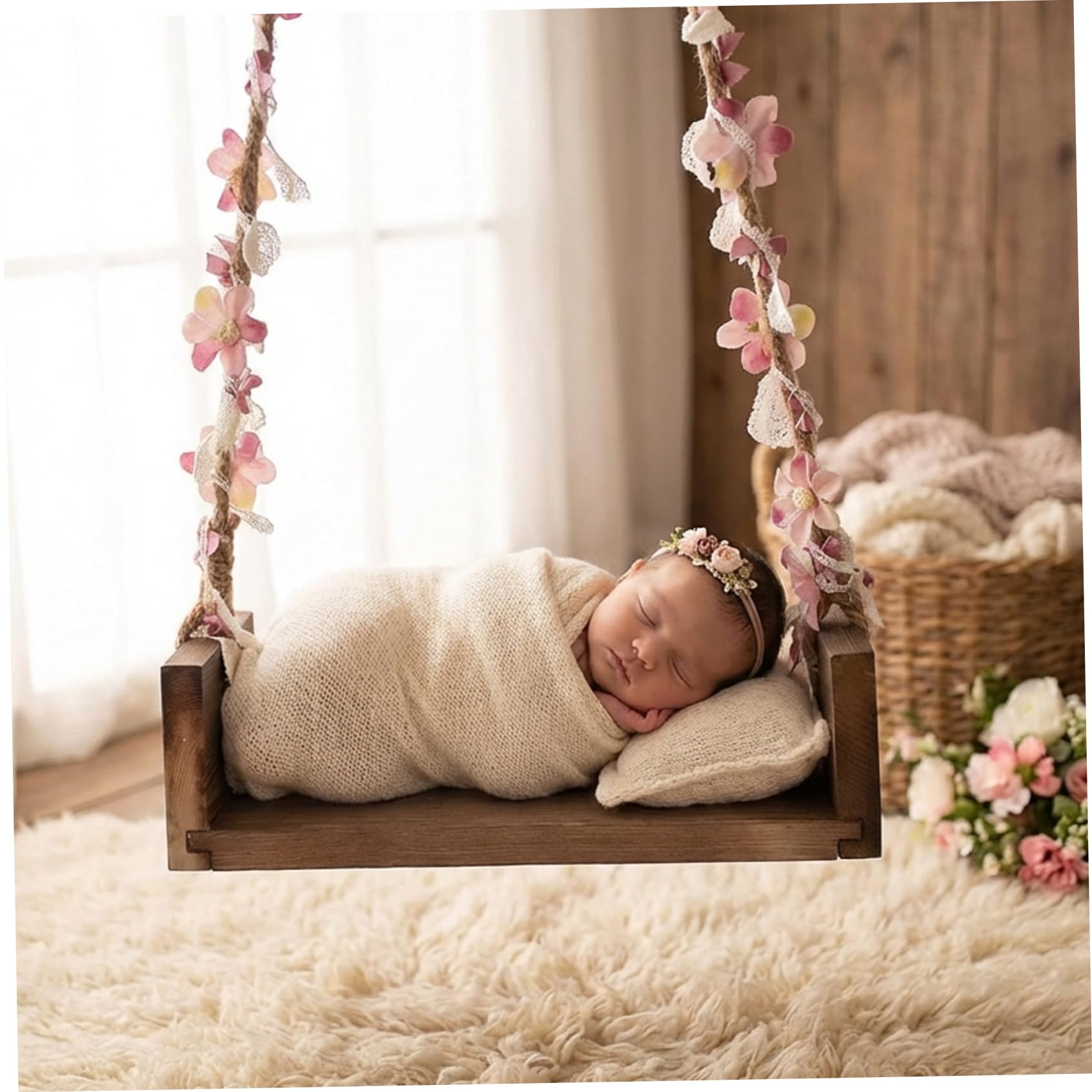 Altalena per neonato per foto, Altalena per neonato, Bambino in legno per fotografia - Sedile sospeso in macramè con corda floreale per accessori per foto, Sicuro e confortevole