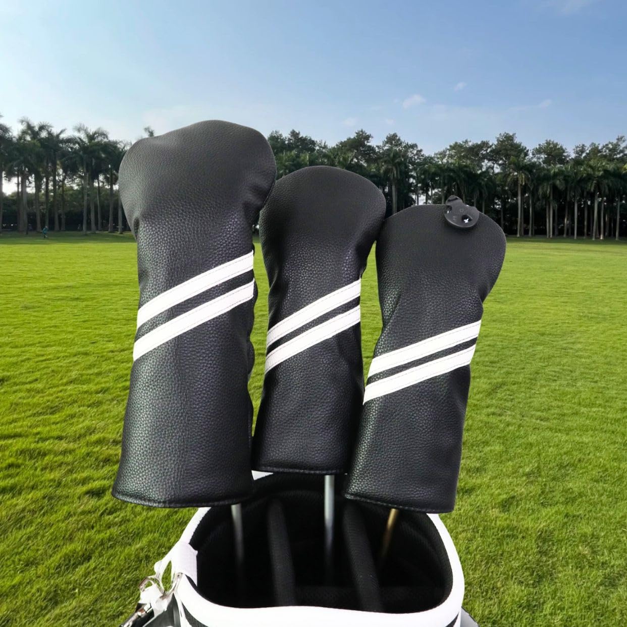 HELLO NRC 3 Pieces Golf Club Covers, Golf Headcover Set, Head Covers for Woods and Driver, 3 Wood Cover White and Black, 460cc PU Waterproof Leather with Rotating Number Tags for Most Golf Clubs