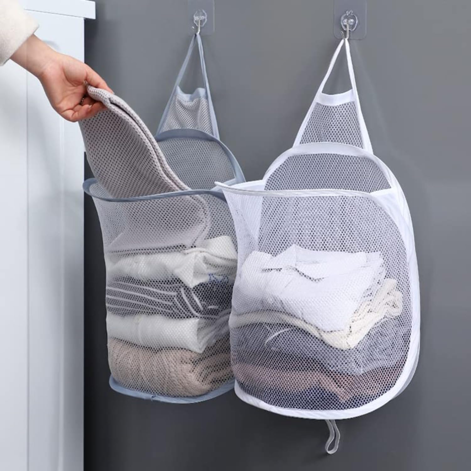 Portable Folding Laundry Basket Storage Bag Dirty Clothes Mesh Storage Bags Home Wall Hanging Laundry Baskets (White)