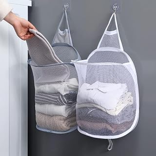 Portable Folding Laundry Basket Storage Bag Dirty Clothes Mesh Storage Bags Home Wall Hanging Laundry Baskets (White)