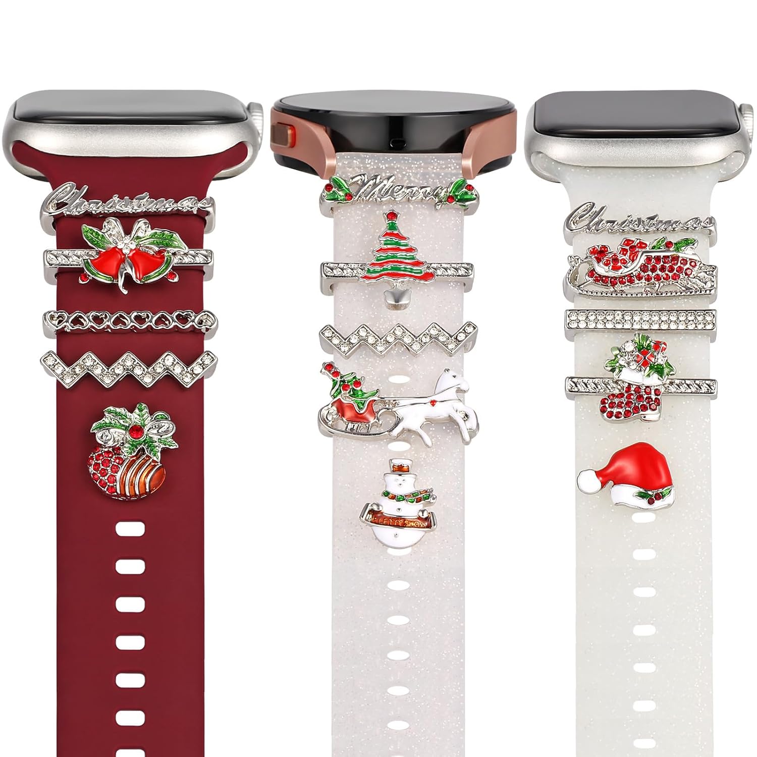 Greaciary christmas watch charms with 12pcs Decorative ring Loops 3pcs watch stud metal Diamond Sliding Strap Accessories Compatible