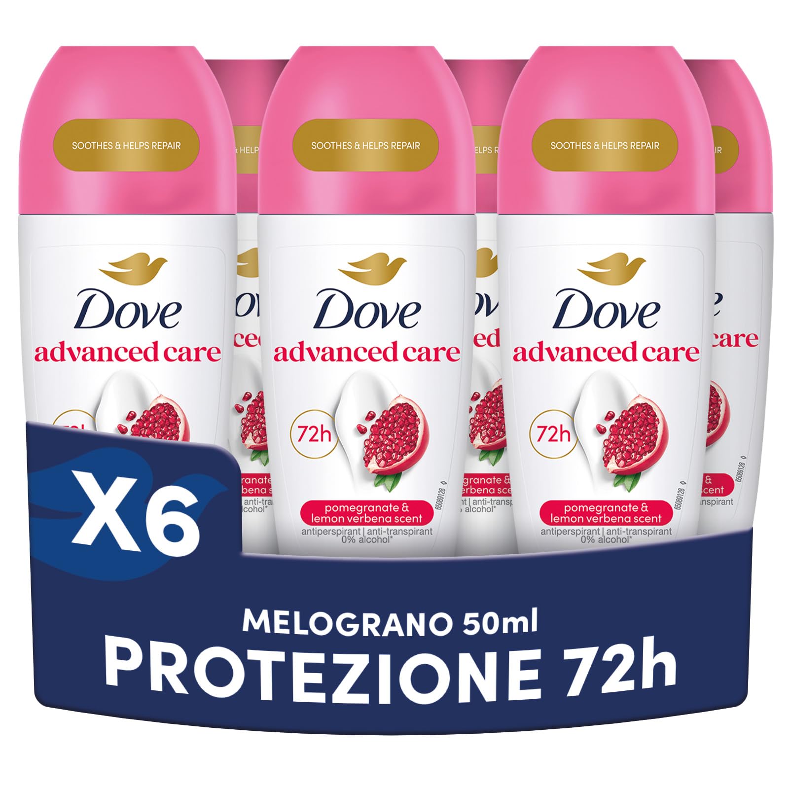 Dove, Deodorante Roll On Advanced Care Melograno, Deodorante Antitraspirante, Formula Delicata Con Tripla Azione Idratante, Protezione Fino a 72 Ore, Deodorante Uomo e Donna, 6 Pezzi da 50 ml