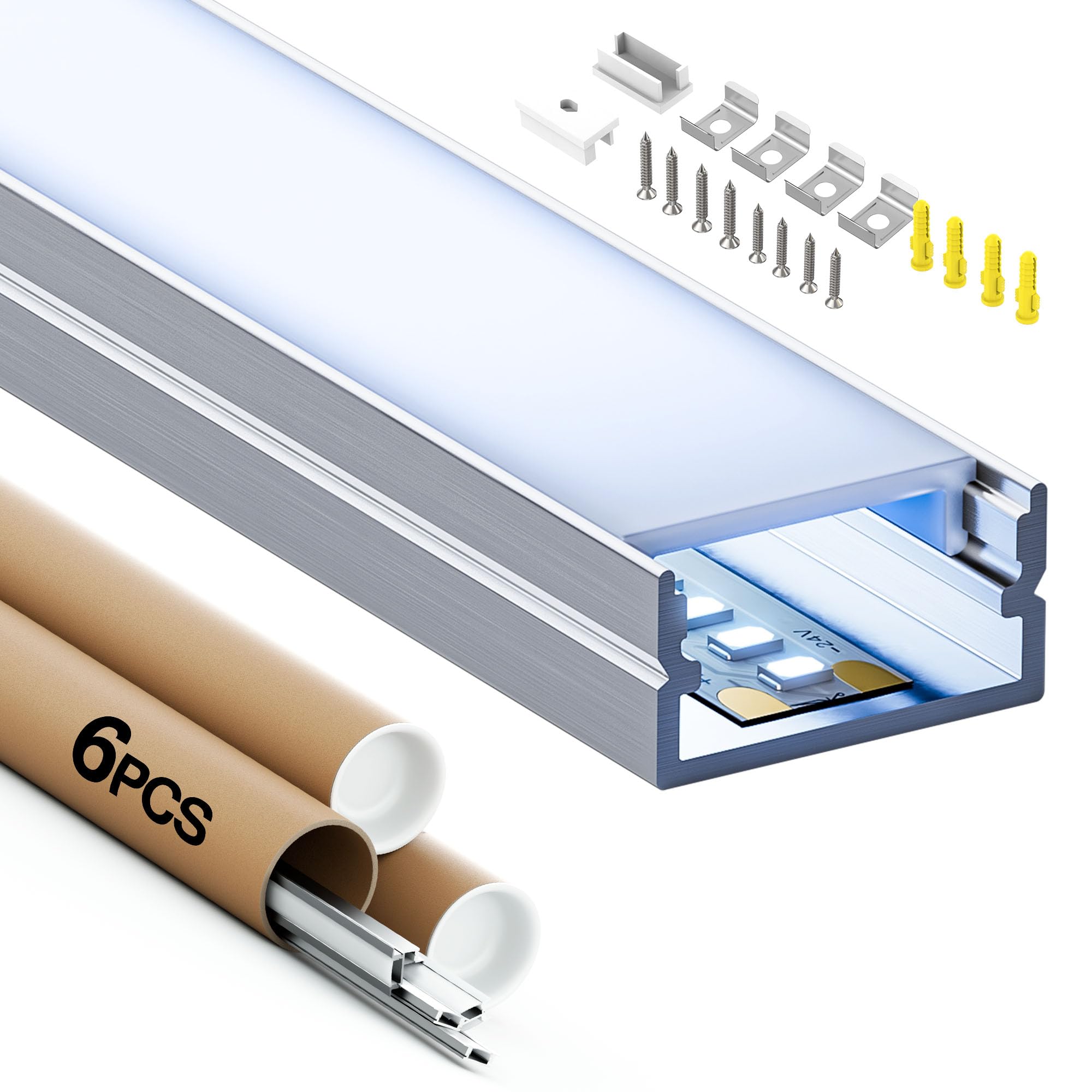 Shine Plus 6 profili szynowych LED, po 2 metry – kanał LED kompatybilny z taśmami LED o szerokości do 17 mm, profile aluminiowe z mlecznym dyfuzorem i materiałem montażowym