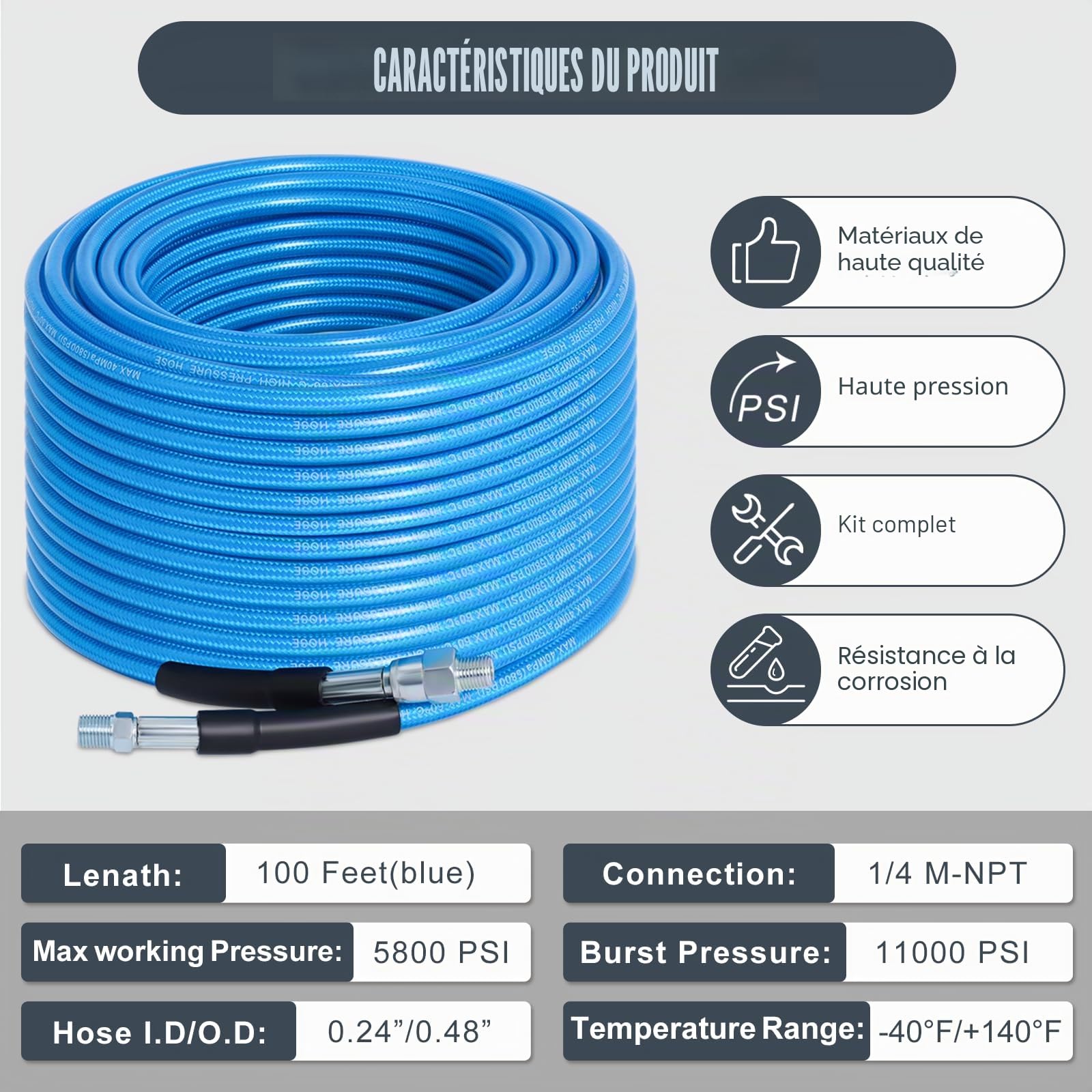 Tuyau de nettoyage de canalisations 30 m - Kit de nettoyage pour Kärcher K2-K7, nettoyeur haute pression Bosch - 5800 PSI - Jet d'eau - Tuyau de débouchage (bleu)