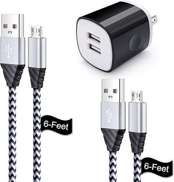 Flecom Micro USB Cable, Charging Block, 6FT Fast Charger Android Phone Cords with 2.1A Dual Wall Charger Compatible for LG stylo 2/3 LG G3 G4 K30 K20 Plus K7 K8, Kindle Fire 7 HD 8 10 Tablet