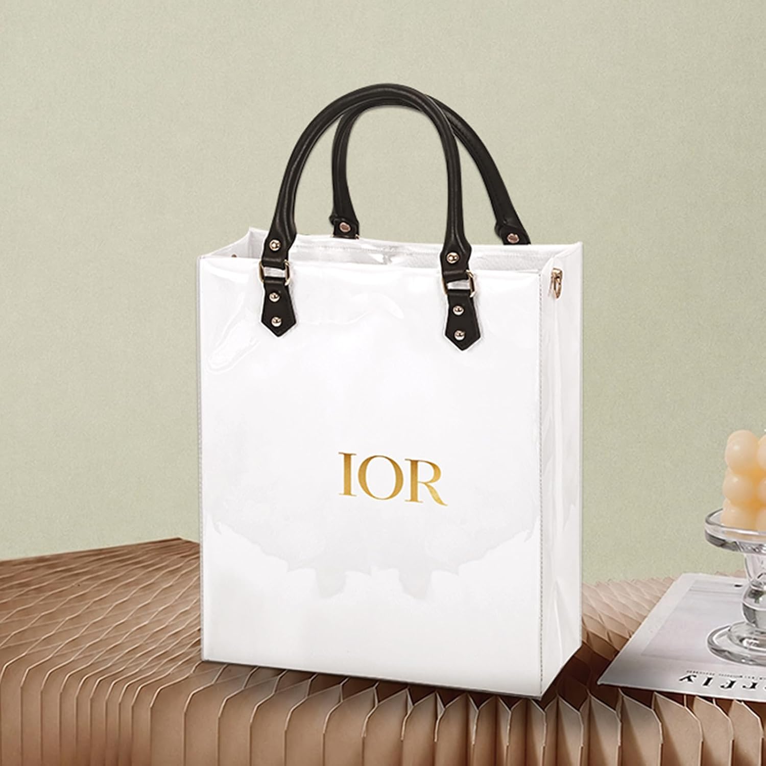 KTNGY Clear TPU Tote Bag DIY Kit - Luxury Paper Bag Purse Making Kit Compatible with Dior Shopping Bags with Leather Handles, Base Plate & Hardware, Upcycled Handbag Making Supplies (White-S)
