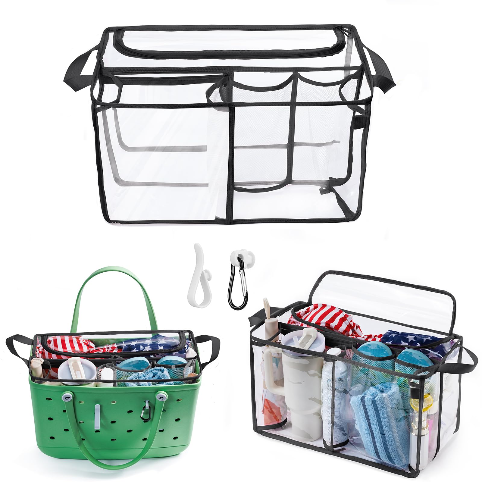 AMOIGEE Clear Beach Bag Organizer Insert with Zipper Closure Lid and 3pcs Accessories for Bogg Bag XL - Tote Insert Bag Divider with Sunglasses Holder