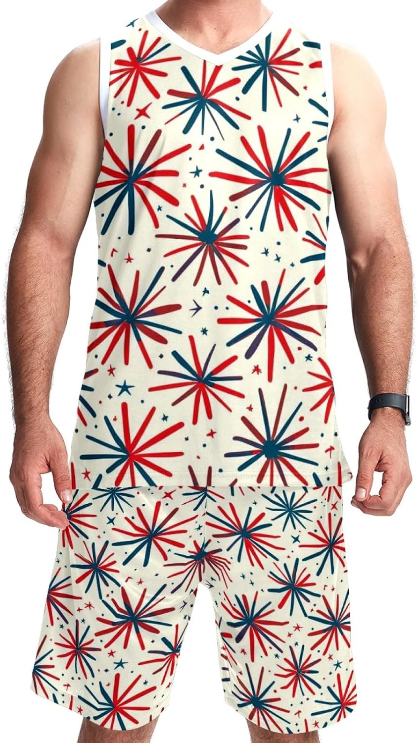 Men's Basketball Jersey Set Firework Patterns Jersey Shorts with Pockets Sportswear for Men Adults Kids 5XL