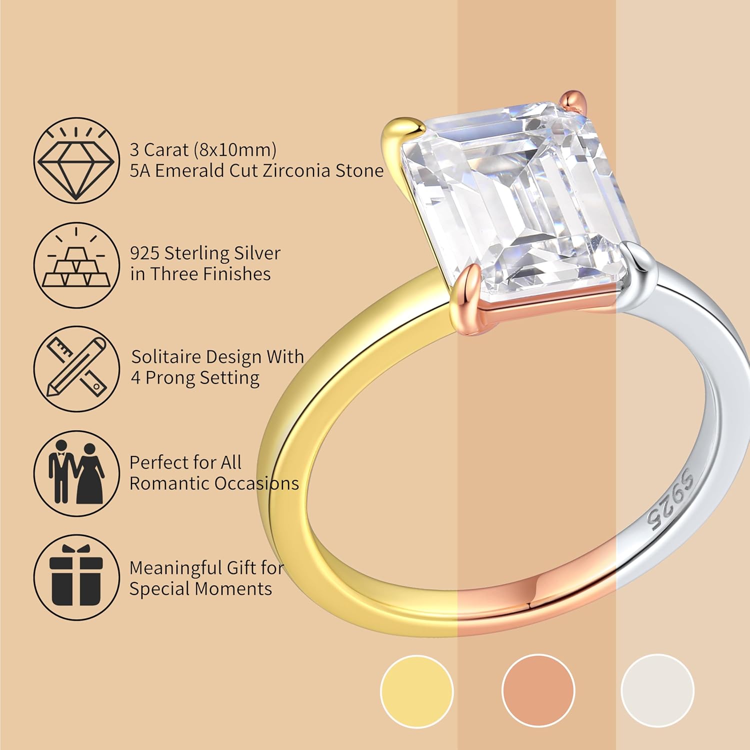 3CT 925 Sterling Silver Engagement Rings for Women Emerald Cut Solitaire Cubic Zirconia Wedding Promise Rings for Her Size 4-11 - Image 2