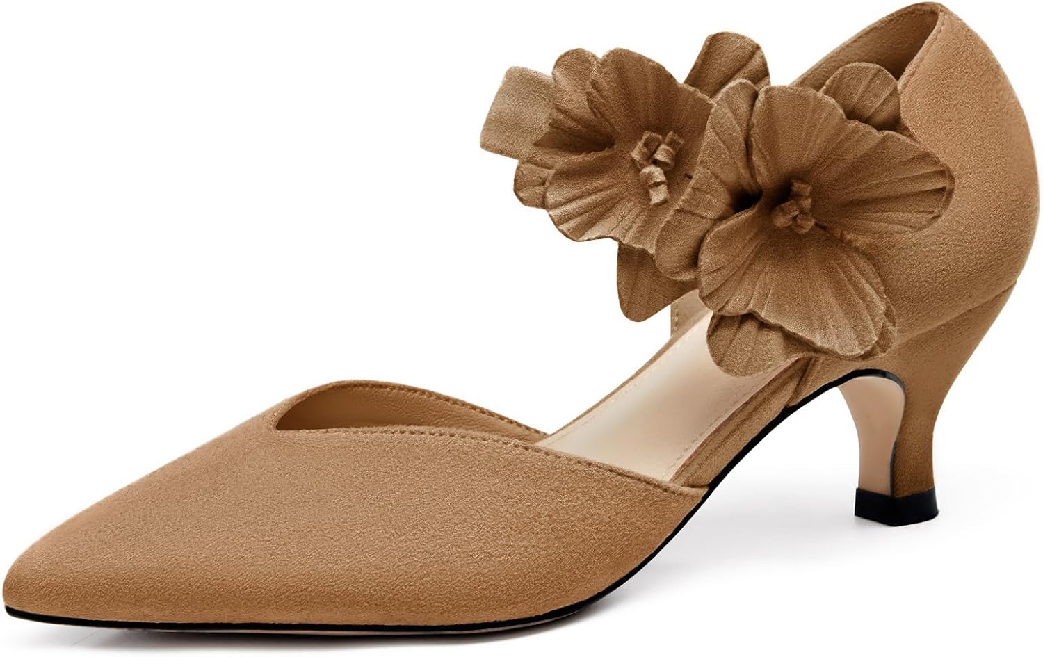 Coutgo Womens Low Kitten Heels Dressy Shoes Comfortable Closed Toe Flower Slip on Formal Party Dance Heeled Pumps