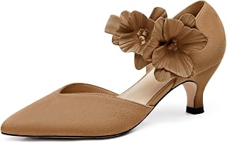 Coutgo Womens Low Kitten Heels Dressy Shoes Comfortable Closed Toe Flower Slip on Formal Party Dance Heeled Pumps