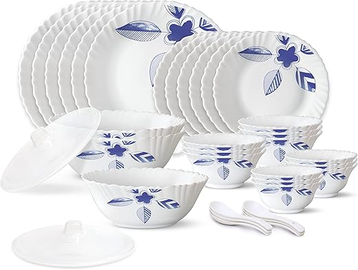 Larah by Borosil Morning Glory Silk Series Opalware Dinner Set |35 Pieces for Family of 6