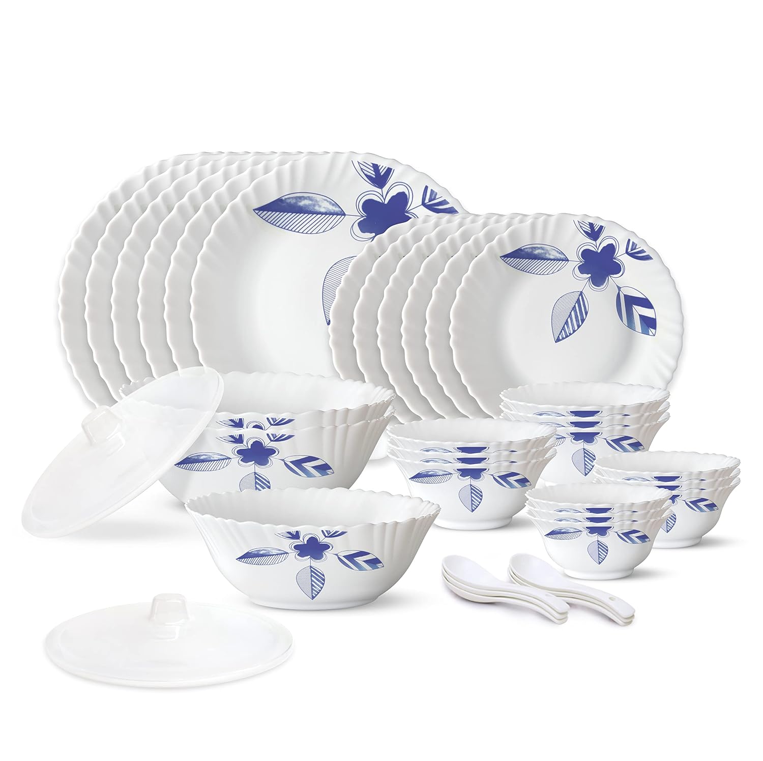 Larah by Borosil Morning Glory Silk Series Opalware Dinner Set | 35 Pieces for Family of 6 | Microwave & Dishwasher Safe |...