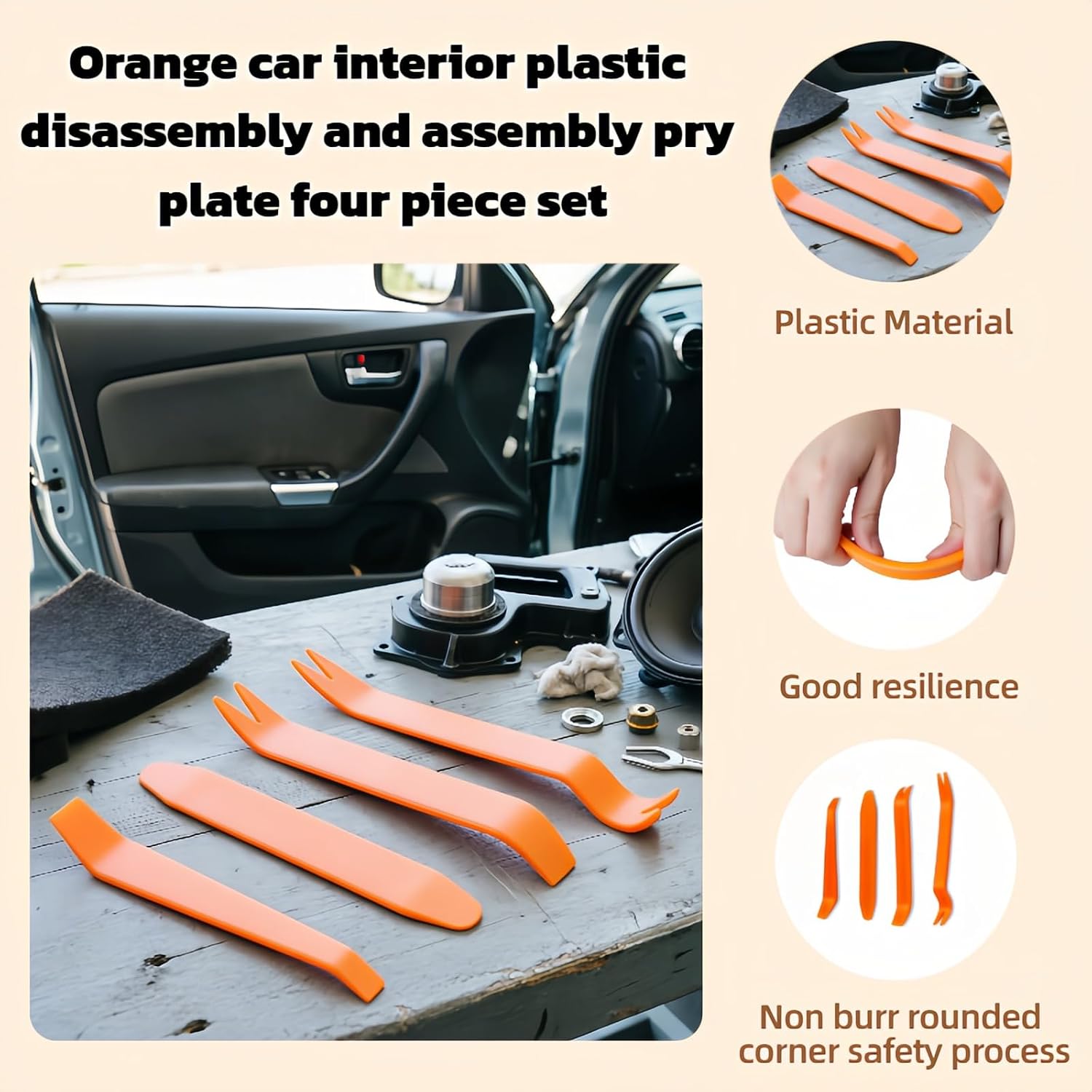 4 Pcs Car Panel Removal Tool Kit, Auto Trim Pry Tools Set, Nylon No Scratch Dash Door Window Audio Radio Molding Remover Tools for Vehicle Interior Disassembly and Auto Repair（ Orange） image 4