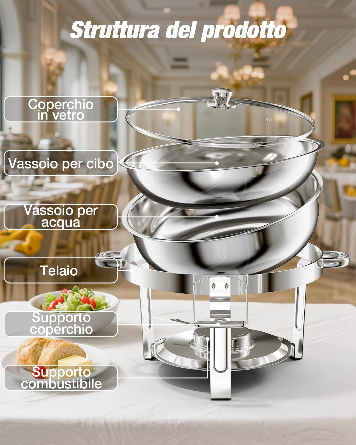 Warmounts Set di 2 scaldavivande rotondi e scaldavivande con coperchio in vetro e supporto per coperchio, scaldavivande in acciaio inox, per catering, feste, eventi, matrimoni, 4 litri