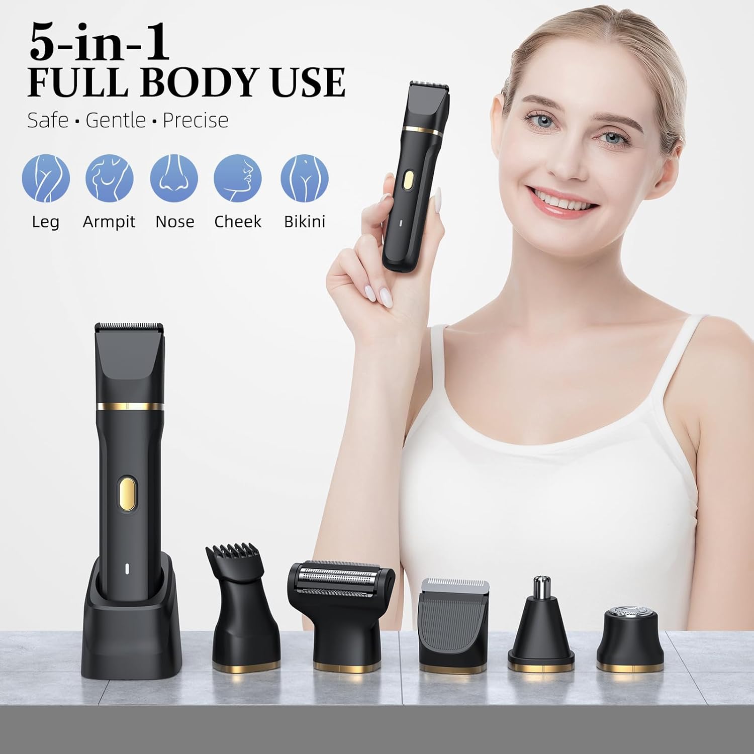 5-in-1 Bikini Trimmer for Women, IPX7 Waterproof Electric Razors Shaver, Cordless Body Hair Trimmer, Facial & Pubic Hair Removal, Ceramic Blade (Black) - Image 6