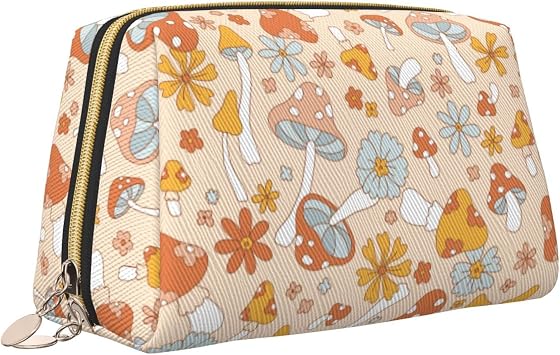 Boho Retro 70s 60s Hippie Mushrooms Large Travel Makeup Bag Pouch Cosmetic Bags Toiletry Bag for Women Vintage Cute Flower Floral Leather Waterproof Makeup Organizer Bag