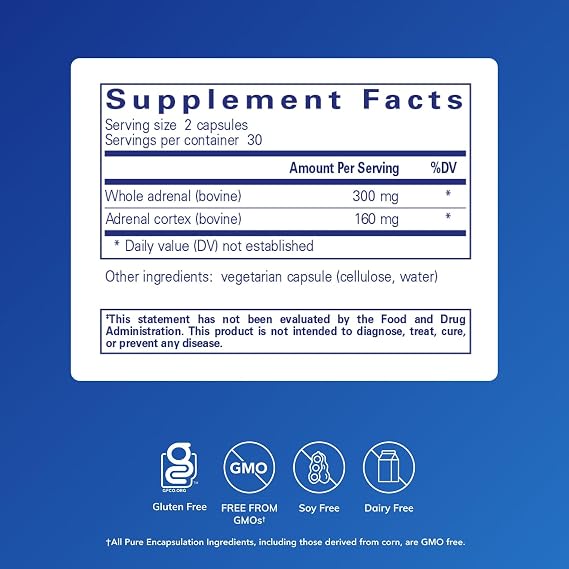 Pure Encapsulations Adrenal Cortex Supplement Supplement to Support Cortisol Health, Energy Levels, Stress Moderation, and Gland Function with Bovine Whole Adrenal & Cortex 60 Capsules*