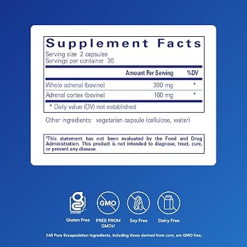 Pure Encapsulations Adrenal Cortex Supplement Supplement to Support Cortisol Health, Energy Levels, Stress Moderation, and Gland Function with Bovine Whole Adrenal & Cortex 60 Capsules*
