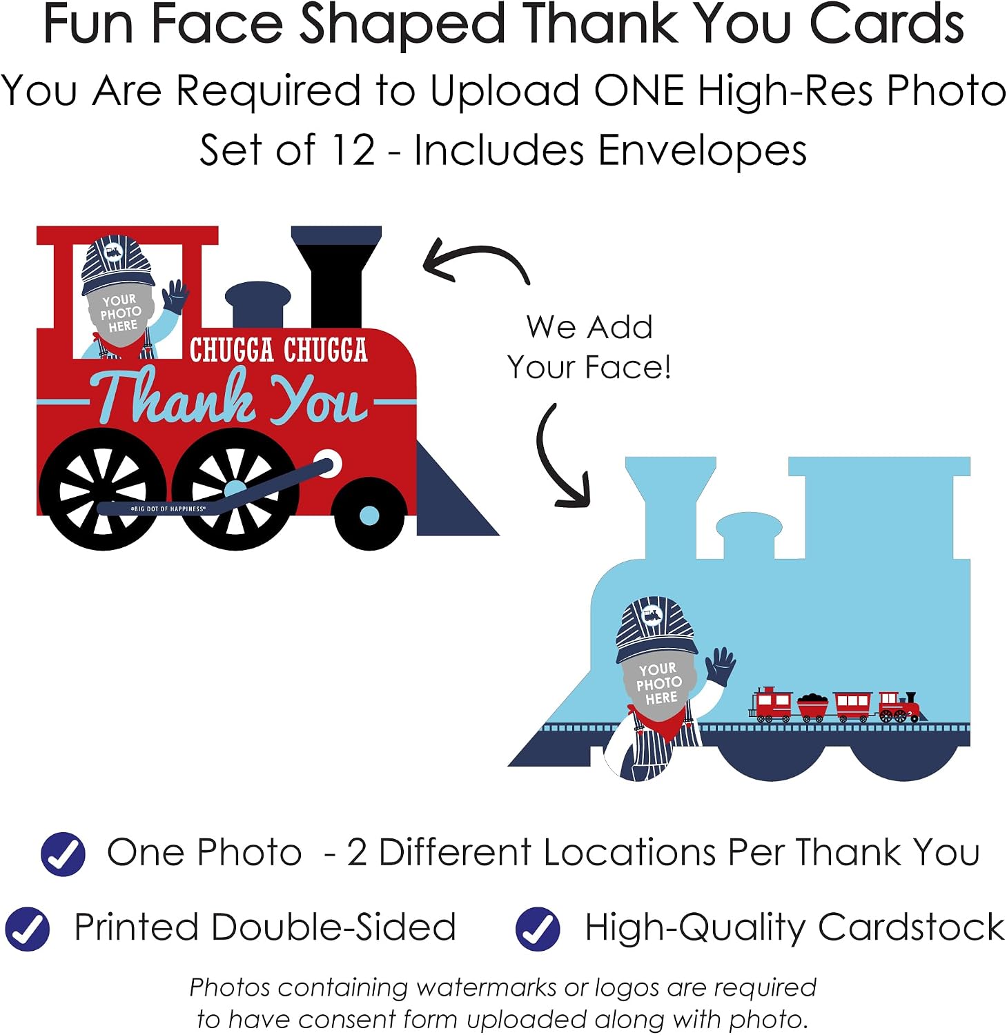 Big Dot of Happiness Custom Photo Railroad Party Crossing - Steam Train Birthday Party or Baby Shower Fun Face Shaped Thank You Cards with Envelopes - Set of 12