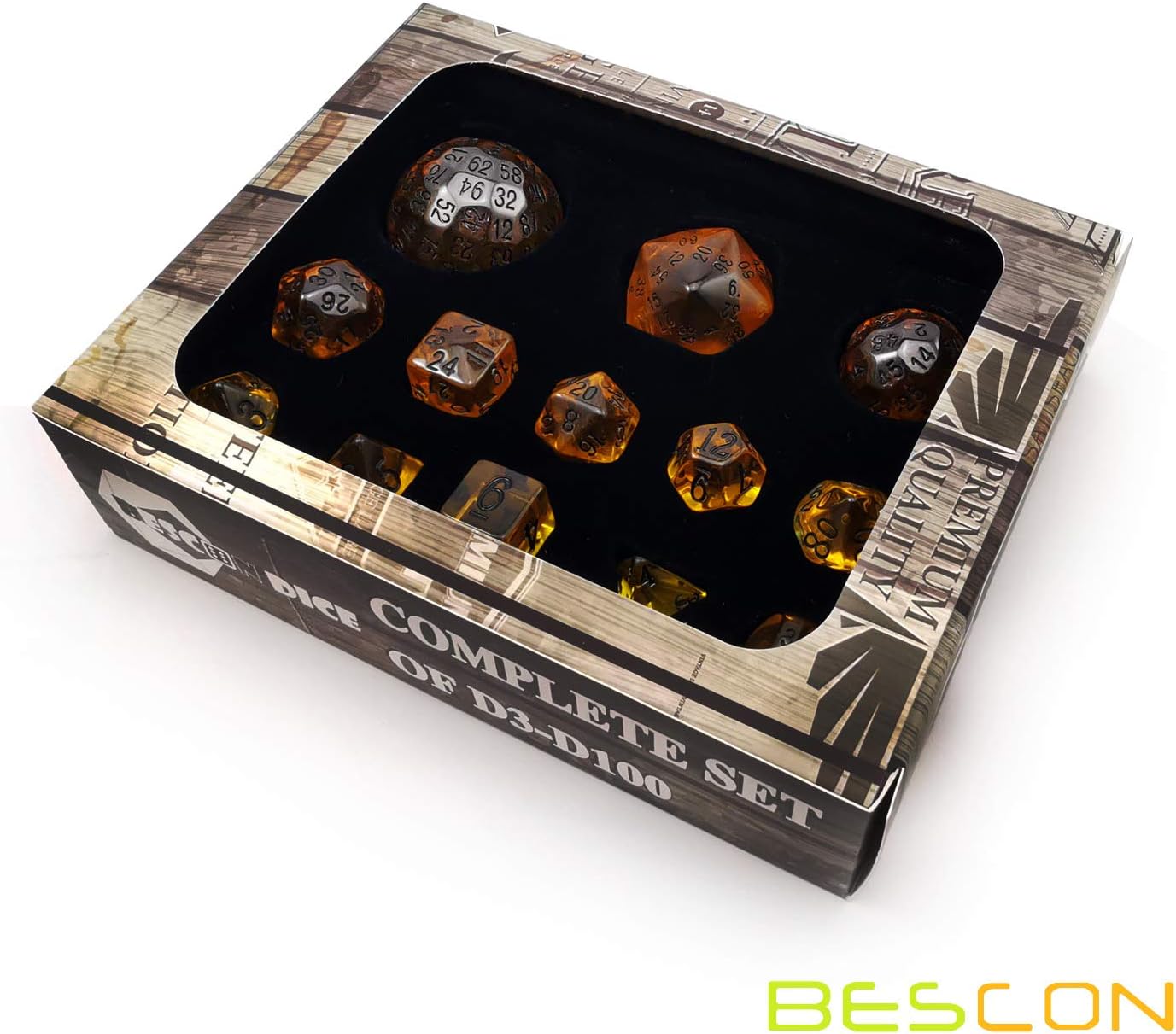 BESCON DICE Amber Complete Polyhedral RPG Dice Set 13pcs D3-D100
