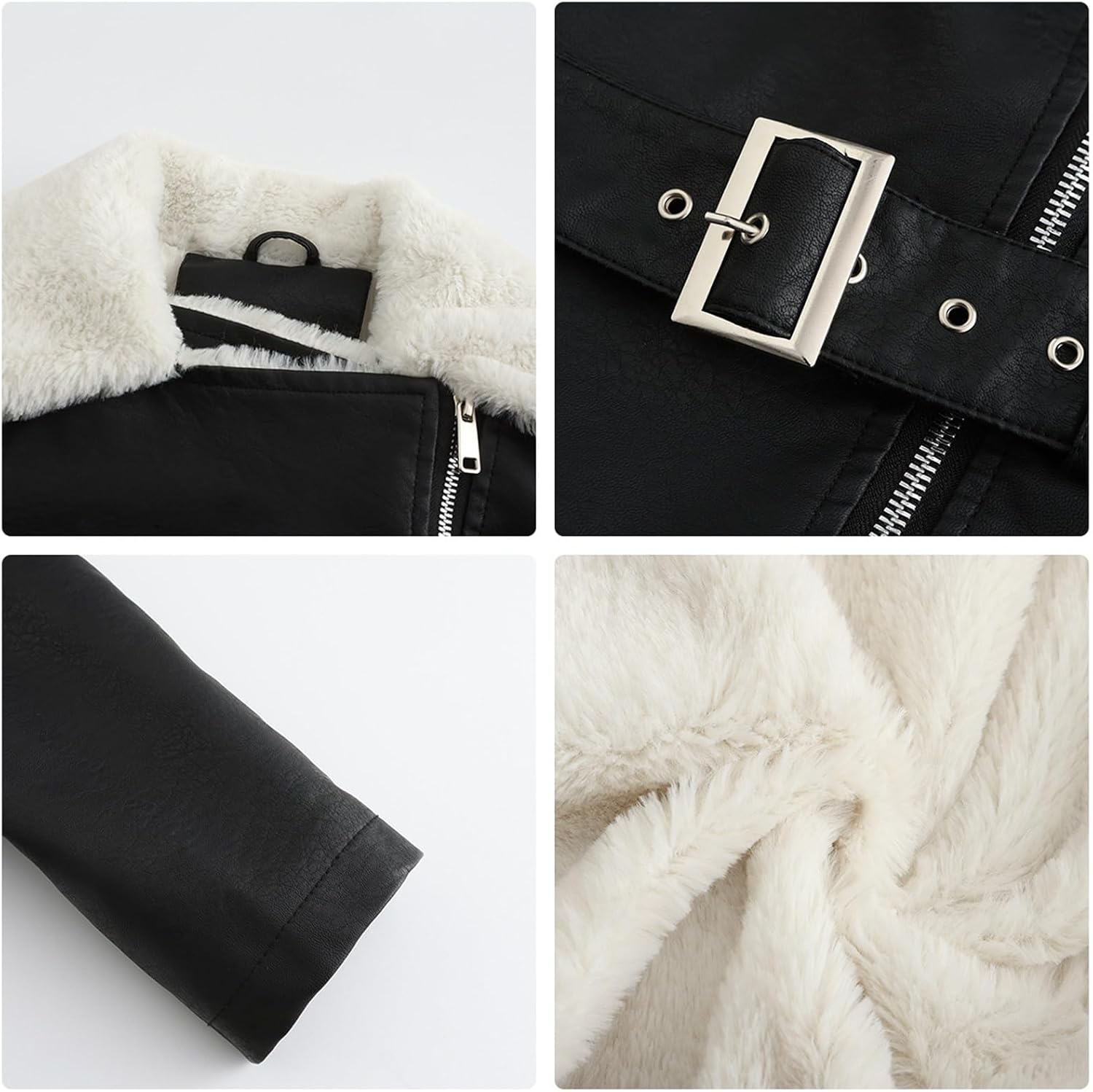 Womens White Faux Leather Sherpa Lined Jacket, Motorcycle Jacket Casual Warm Winter Coat