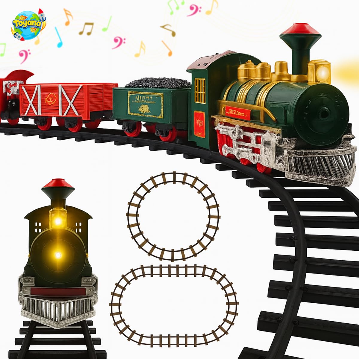 Toyana 12 Pcs Kids Toy Train Set, Electric Train Toy with Light up Engine, Realistic Sound, Christmas Model Railway with Locomotive, Carriages Tracks Accessories Gift for Children 3+ Years