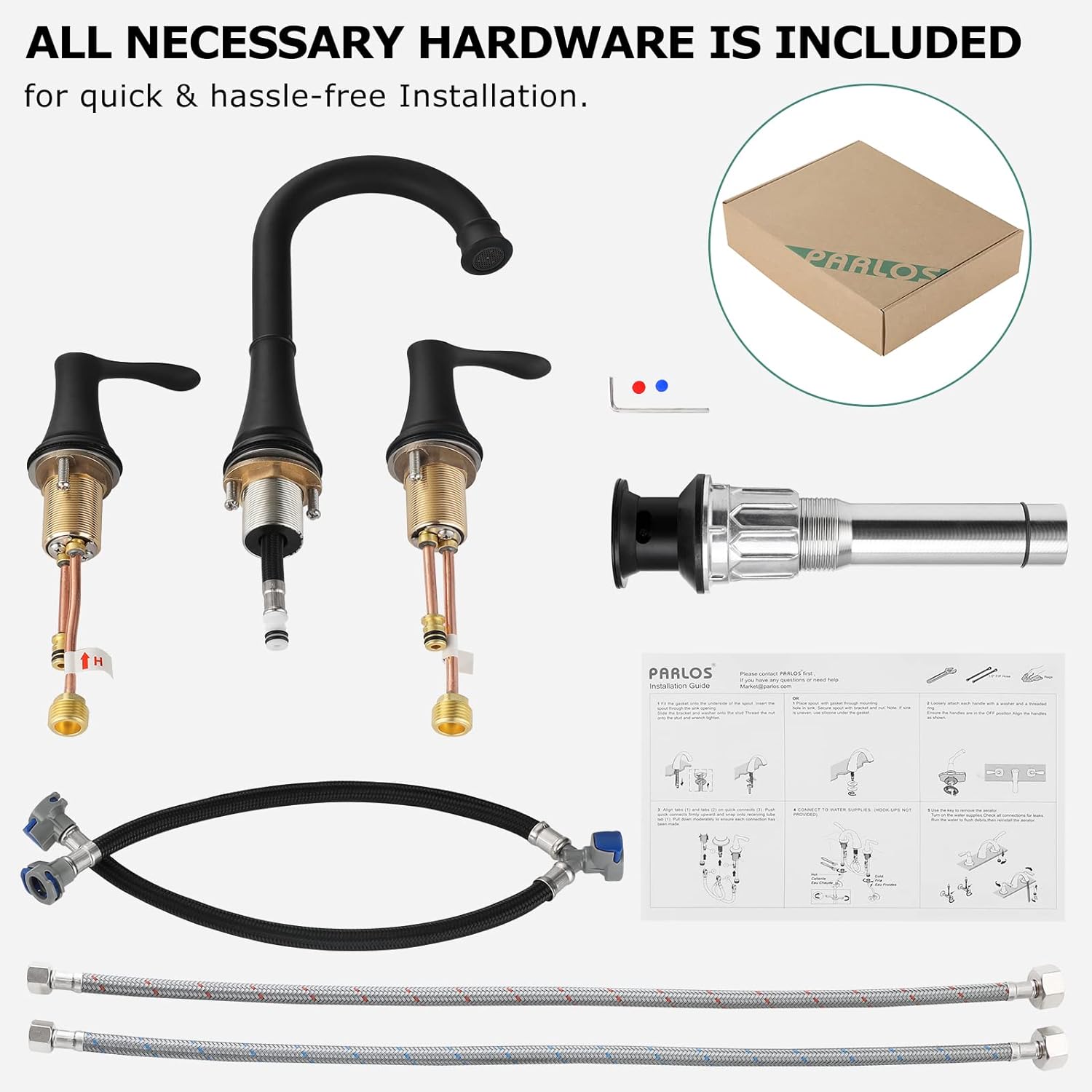 Black Widespread Bathroom Faucet with Metal Pop Up Drain & Faucet Supply Hoses by PARLOS - Image 6