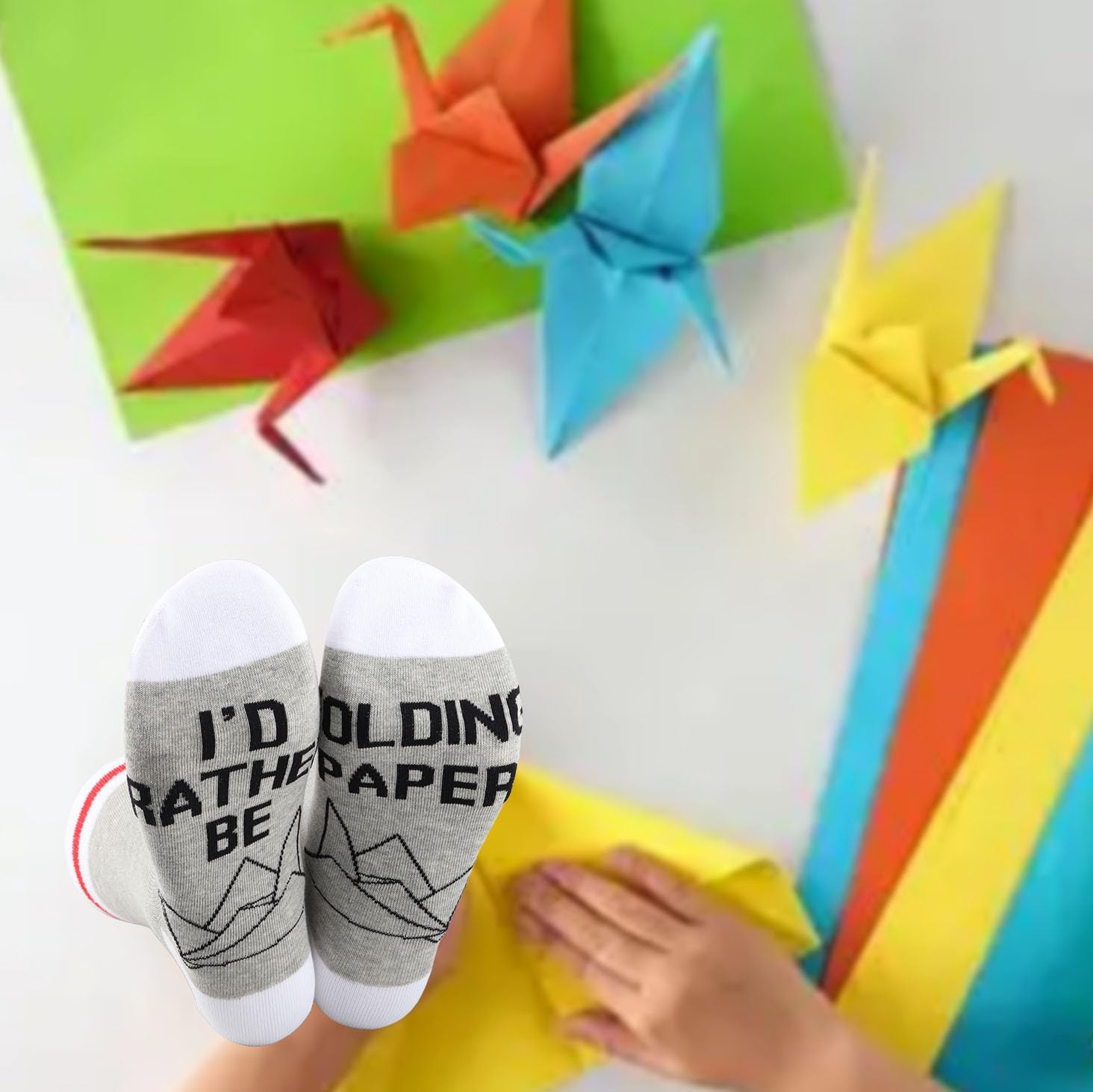 G2TUP 2 Pairs Origami Inspired Gift I'd Rather Be Folding Paper Socks P-aper F-olding Lover Crew Socks Origami Master Gift