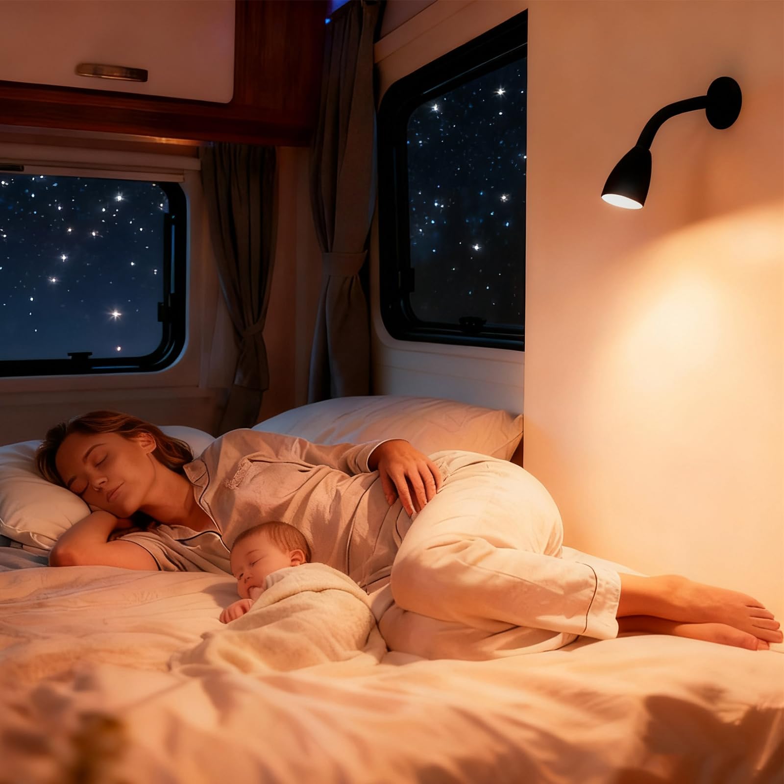 THALASSA Paquete de 2 luces flexibles de cuello de cisne de 12 V, color negro, luz de lectura para caravana, blanco cálido y rojo, modo nocturno, montado en la pared, luces debajo del gabinete, para
