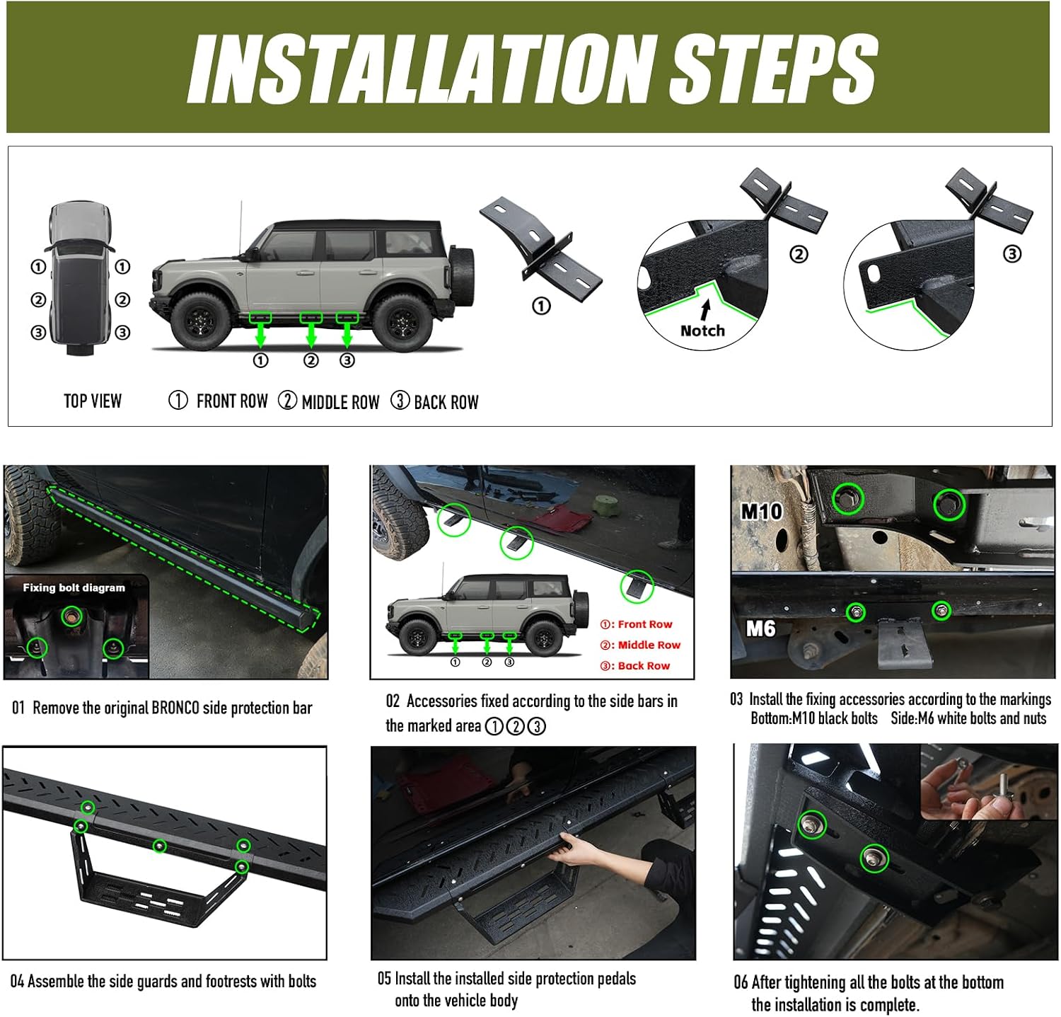 Running Boards with 4PCS Steps for Ford Bronco 4 Doors 2021-2025 Heavy-Duty Carbon Steel Drop Side Steps Rock Slider Rails,Bronco Step Plates Nerf Bars(Not Fit Raptor/Sport)
