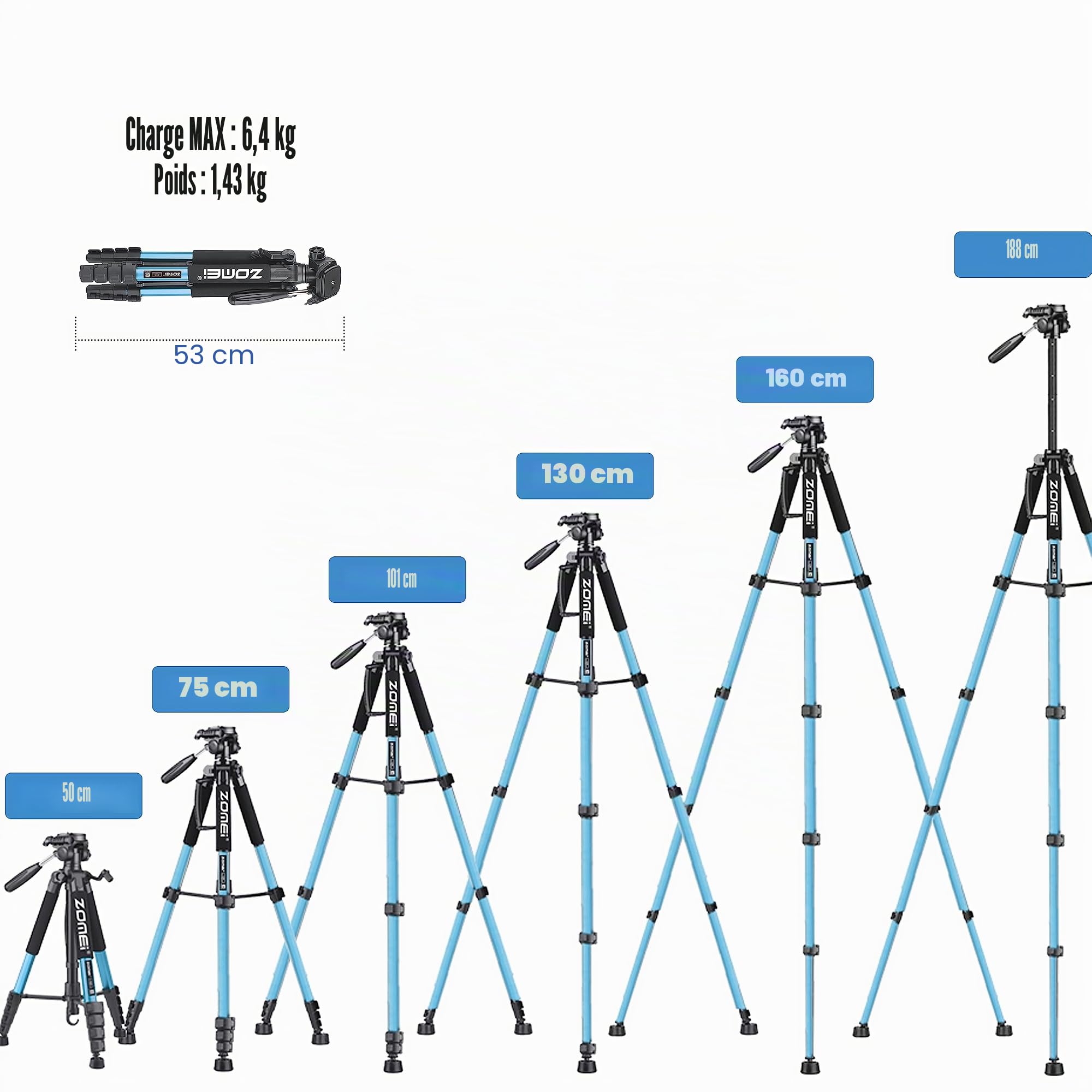 ZOMEi Trépied de Voyage Robuste de 188 cm - Trépied vidéo de Voyage Professionnel Compatible avec appareils Photo Reflex numériques, téléphones Portables, projecteurs, Jumelles, Lunette d'observation