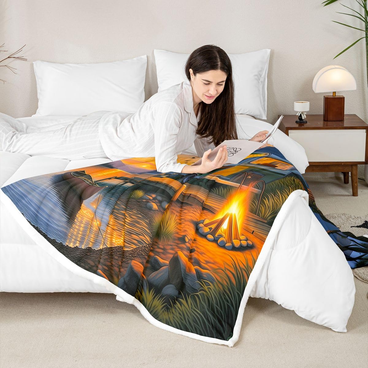 Homewish Koc polarowy do kampera, podwójny, 152 x 203 cm, ognisko, pomarańczowy, zachód słońca, obóz, ciepły, pluszowy koc sherpa, szczęśliwy kemping, do kampera, puszysty, pluszowy, wiejski, łódź
