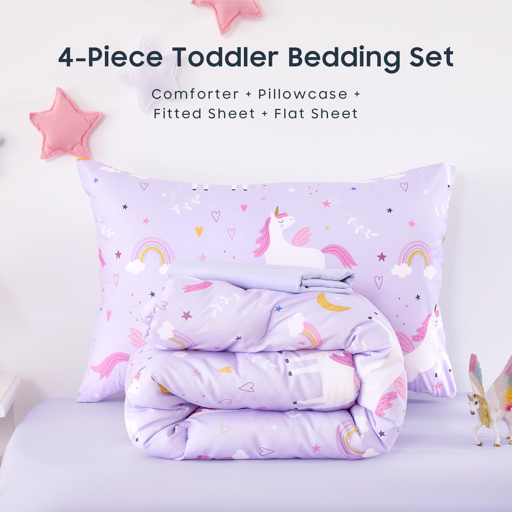 Wake In Cloud - Juego de ropa de cama infantil para niñas, lindo unicornio y estrellas arcoíris, juego de cama suave de 4 piezas para cuna que incluye edredón, sábanas y funda de almohada, color