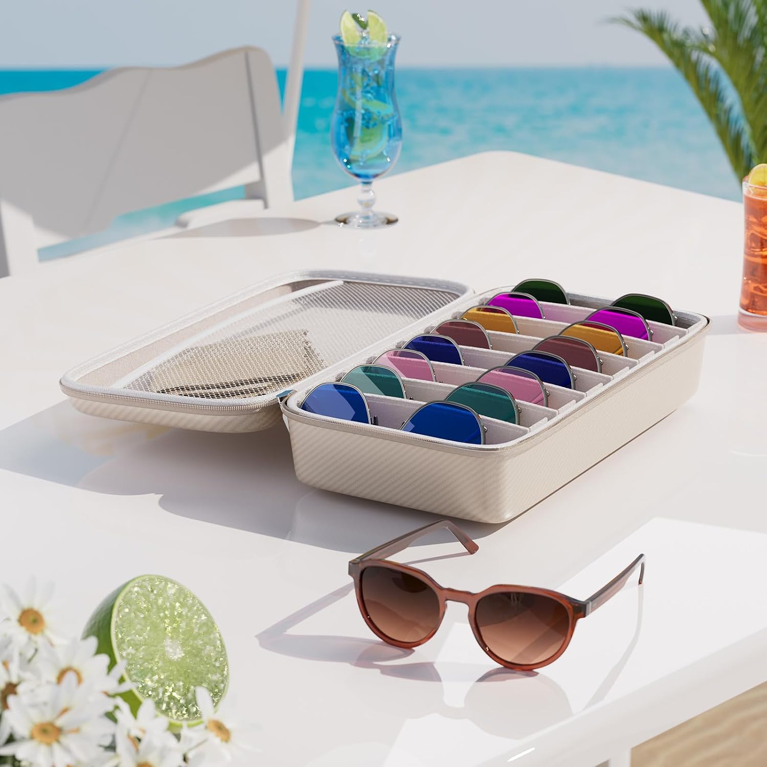 Travel Sunglasses Organizer​,​ Hard Shell​ Sunglass Case Adjustable Slots for Multiple ​Sunglass Eyeglass Case