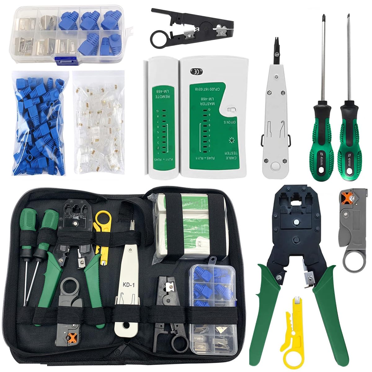 Crimping Tool Kit RJ11/RJ12/CAT5/CAT6/Cat5e Professional Computer Maintenance Lan Cable Tester Network Repair Tool Set Electrical Wire Crimper Stripper Cutter Screwdriver Crystal Connector Storage Bag