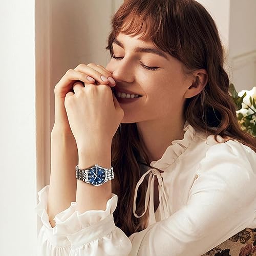 Miniatura 7 de OLEVS Relojes de mujer con fecha y día, relojes para mujer con acero inoxidable dorado plateado, elegante reloj de pulsera pequeño (cara blanca,