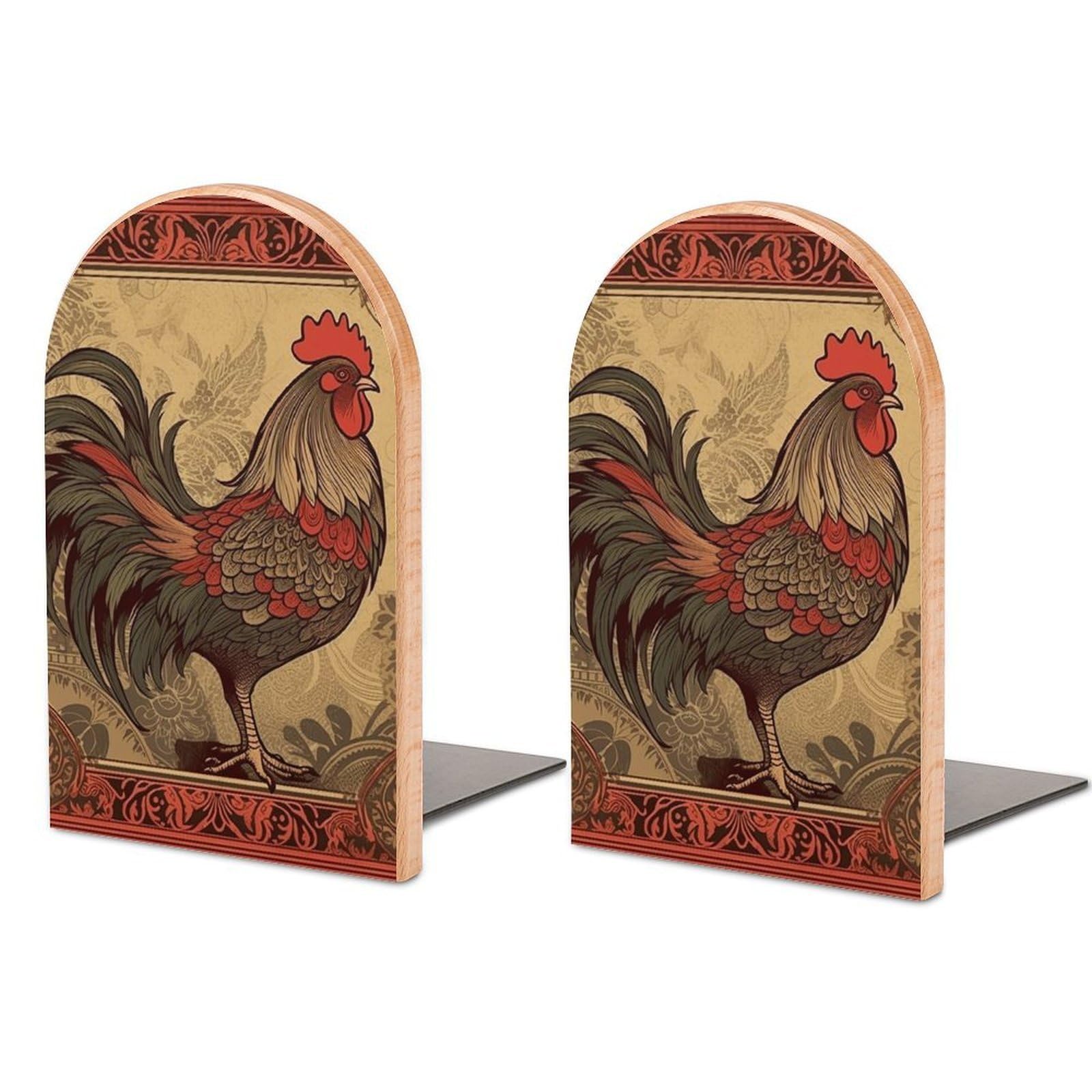 Beech Wood Book Ends Old Rooster Illustration Printed Bookend for Shelves Home Decorative Bookends for Heavy Books for Office Bookshelves