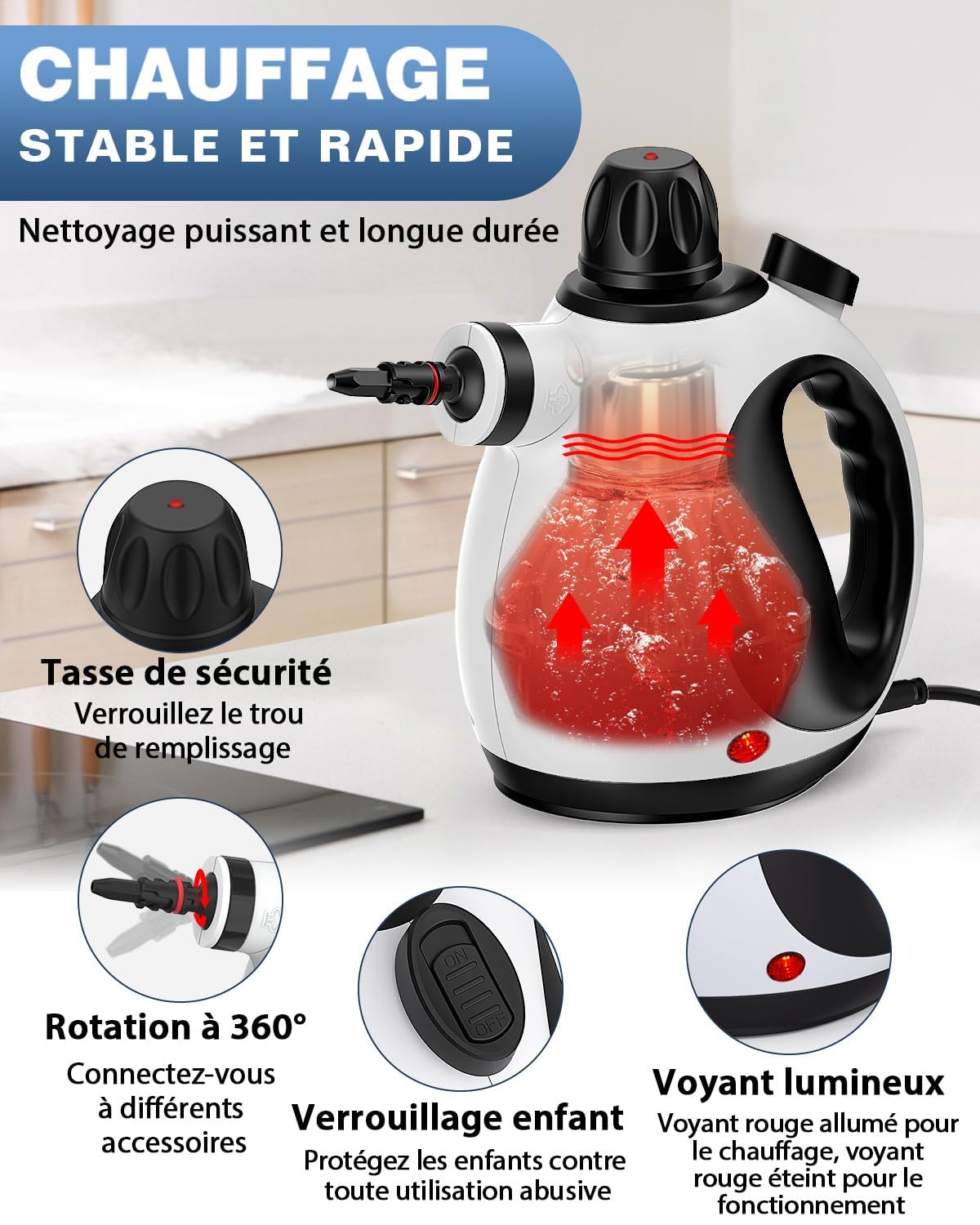 KLONA Nettoyeur Vapeur Portable, 1050W, Nettoyage Haute Température | pour Sols, Carrelage, Joints, Canapés, Cuisine, Salle de Bain | Sans Chimie | Serrure de Sécurité | avec 10 Accessoires