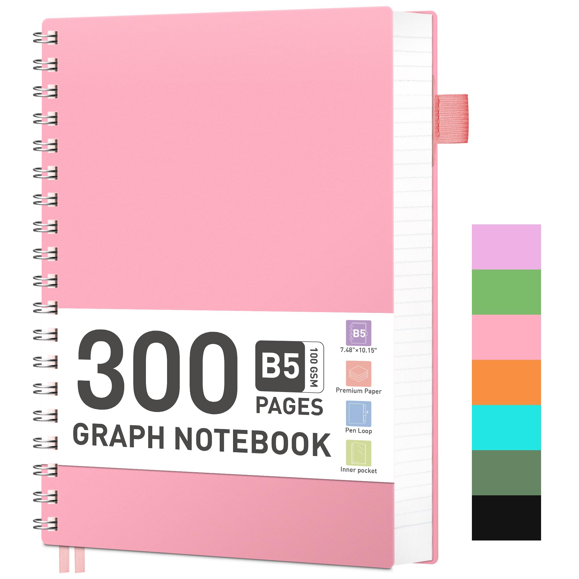 RETTACY Notebook B5 Squared, 100 g/m² Paper, 300 Pages, Pink