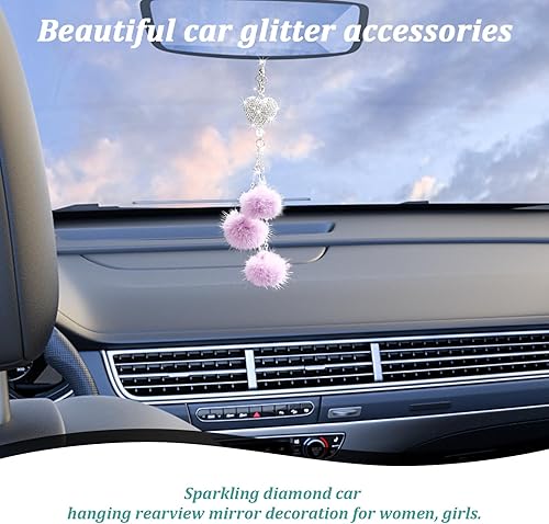 Miniatura 4 de Accesorios para el interior del automóvil con diamantes brillantes, adorno colgante de espejo de automóvil para mujer, corazón de amor y bola de